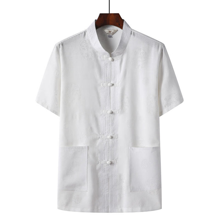 Buddha Stones -Guzik Fu Postać Smok Bambus Liść Chiński Strój Tang Krótki Rękaw Koszula Lniana Z Kieszeniami - Biały - Smok - US/UK/AU46， EU56 (4XL)  - image 8