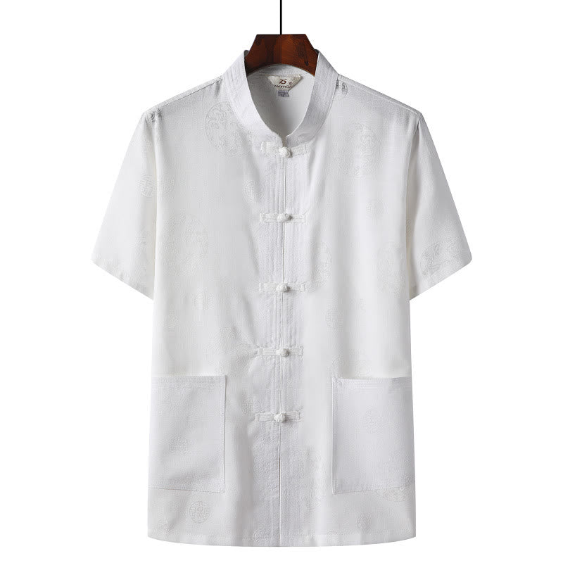 Buddha Stones -Guzik Fu Postać Smok Bambus Liść Chiński Strój Tang Krótki Rękaw Koszula Lniana Z Kieszeniami - Biały - Smok - US/UK/AU46， EU56 (4XL)  - image 8
