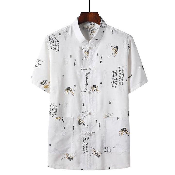 Buddha Stones -Guzik Fu Postać Smok Bambus Liść Chiński Strój Tang Krótki Rękaw Koszula Lniana Z Kieszeniami - Biały - Liść bambusa - US/UK/AU46， EU56 (4XL)  - image 13