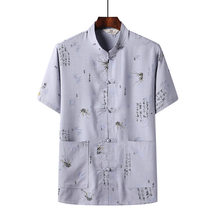 Buddha Stones -Guzik Fu Postać Smok Bambus Liść Chiński Strój Tang Krótki Rękaw Koszula Lniana Z Kieszeniami - Jasnoniebieski - Liść bambusa - US/UK/AU46， EU56 (4XL)  - image 10