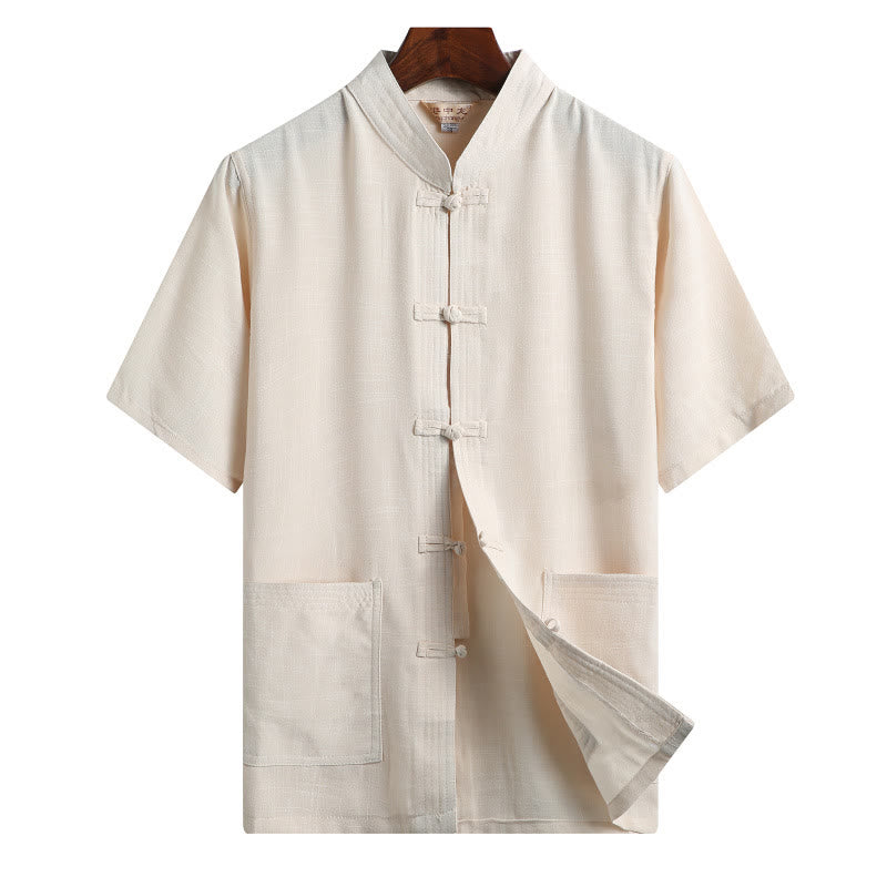 Buddha Stones -Guzik Fu Postać Smok Bambus Liść Chiński Strój Tang Krótki Rękaw Koszula Lniana Z Kieszeniami - Jasnożółty - Kolor jednolity - US/UK/AU46， EU56 (4XL)  - image 14