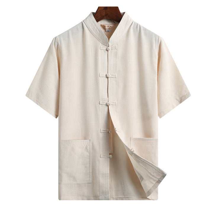 Buddha Stones -Guzik Fu Postać Smok Bambus Liść Chiński Strój Tang Krótki Rękaw Koszula Lniana Z Kieszeniami - Jasnożółty - Kolor jednolity - US/UK/AU46， EU56 (4XL)  - image 14