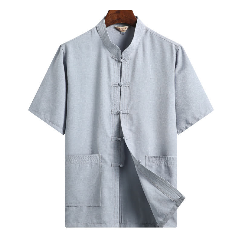 Buddha Stones -Guzik Fu Postać Smok Bambus Liść Chiński Strój Tang Krótki Rękaw Koszula Lniana Z Kieszeniami - Jasnoniebieski - Kolor jednolity - US/UK/AU46， EU56 (4XL)  - image 15