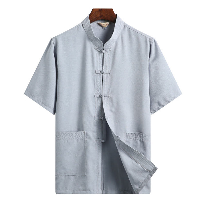 Buddha Stones -Guzik Fu Postać Smok Bambus Liść Chiński Strój Tang Krótki Rękaw Koszula Lniana Z Kieszeniami - Jasnoniebieski - Kolor jednolity - US/UK/AU46， EU56 (4XL)  - image 15