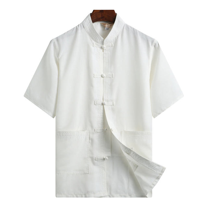 Buddha Stones -Guzik Fu Postać Smok Bambus Liść Chiński Strój Tang Krótki Rękaw Koszula Lniana Z Kieszeniami - Biały - Kolor jednolity - US/UK/AU46， EU56 (4XL)  - image 16