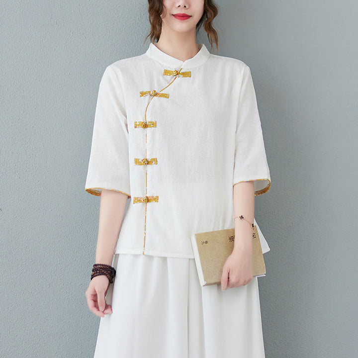 Koszula z lnu bawełnianego z krótkim rękawem i kwiatowym wzorem w kształcie Buddha Stones - Biały - 2XL(pasuje do US8-10; UK/AU12-14; EU40-42) - image 3