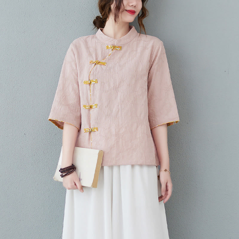 Koszula z lnu bawełnianego z krótkim rękawem i kwiatowym wzorem w kształcie Buddha Stones - Jasnoróżowy - 2XL(pasuje do US8-10; UK/AU12-14; EU40-42) - image 0