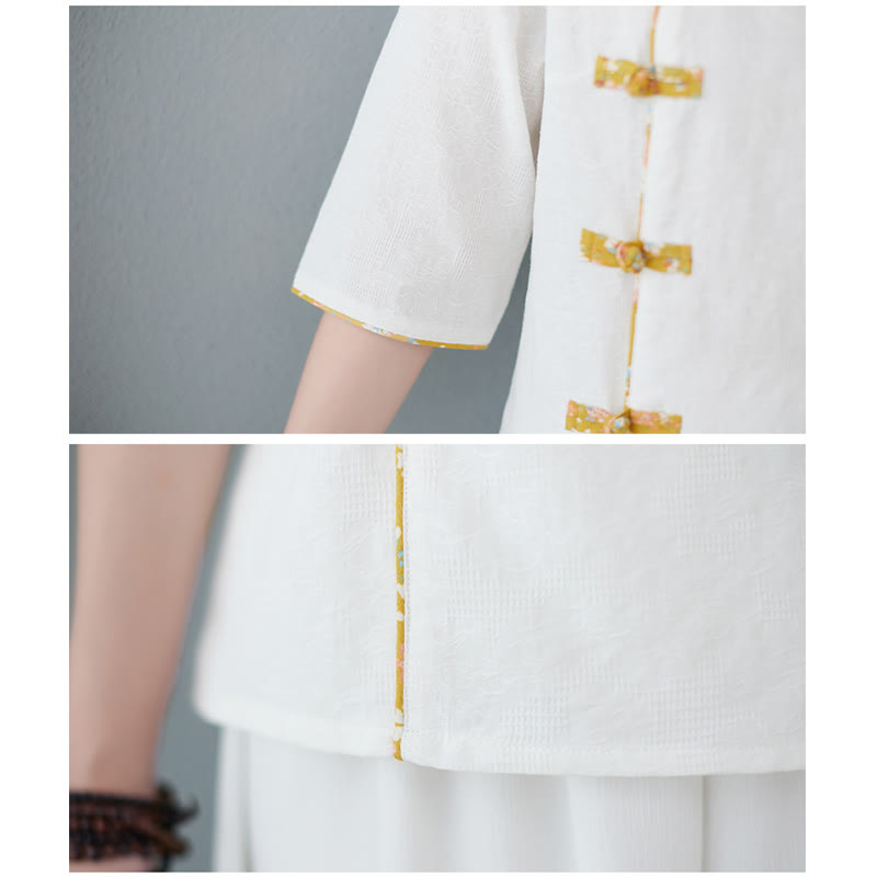 Koszula z lnu bawełnianego z krótkim rękawem i kwiatowym wzorem w kształcie Buddha Stones - image 5