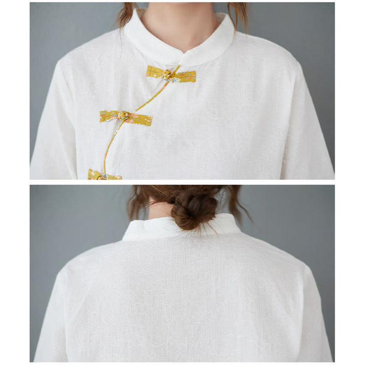 Koszula z lnu bawełnianego z krótkim rękawem i kwiatowym wzorem w kształcie Buddha Stones - image 4