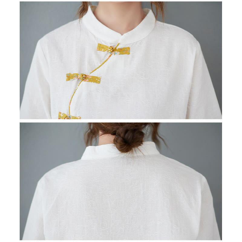 Koszula z lnu bawełnianego z krótkim rękawem i kwiatowym wzorem w kształcie Buddha Stones - image 4