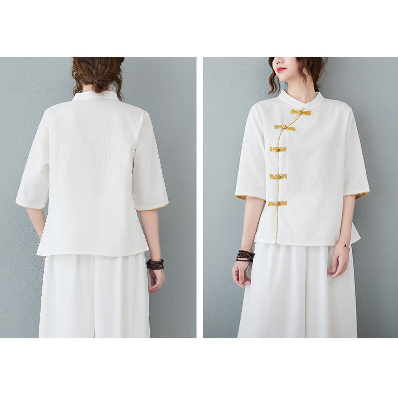 Koszula z lnu bawełnianego z krótkim rękawem i kwiatowym wzorem w kształcie Buddha Stones - image 6