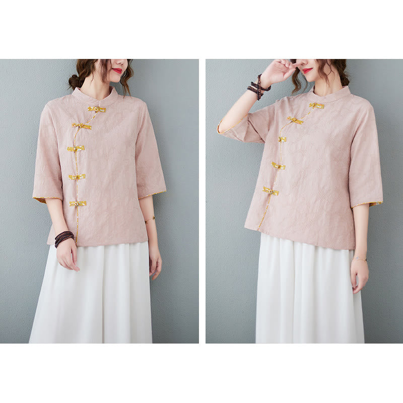 Koszula z lnu bawełnianego z krótkim rękawem i kwiatowym wzorem w kształcie Buddha Stones - image 1