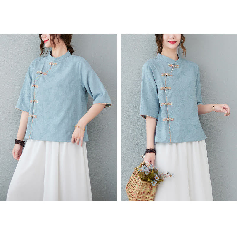 Koszula z lnu bawełnianego z krótkim rękawem i kwiatowym wzorem w kształcie Buddha Stones - image 9