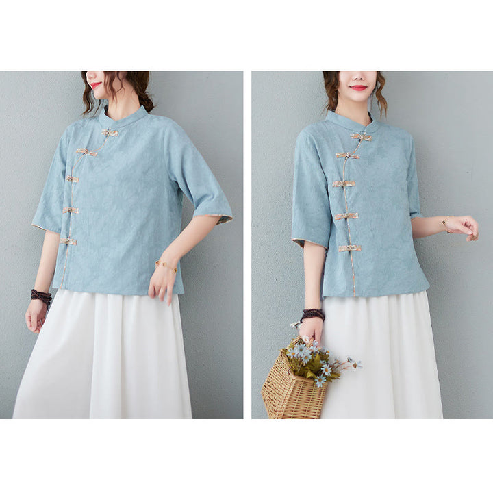 Koszula z lnu bawełnianego z krótkim rękawem i kwiatowym wzorem w kształcie Buddha Stones - image 9