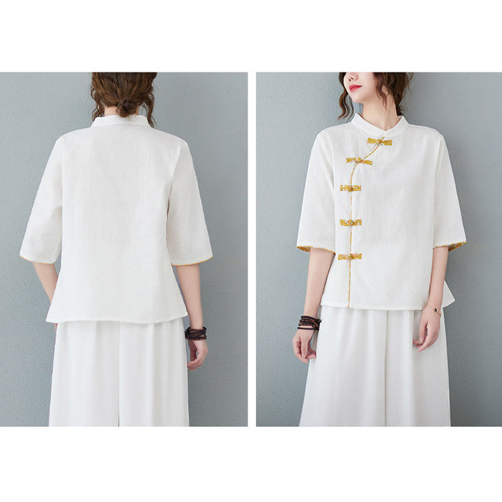 Koszula z lnu bawełnianego z krótkim rękawem i kwiatowym wzorem w kształcie Buddha Stones - image 6