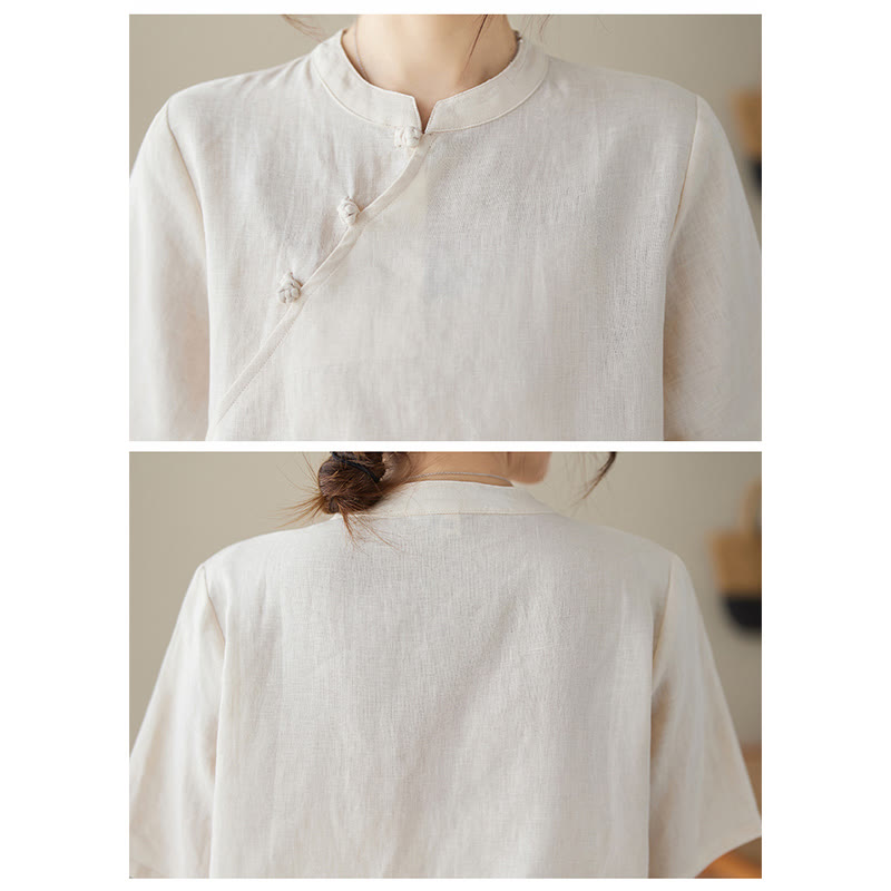 Koszula z krótkim rękawem z bawełny i lnu w jednolitym kolorze z żabą i Buddha Stones - image 4