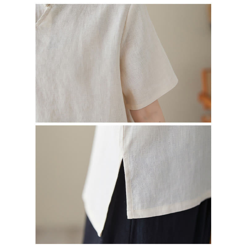 Koszula z krótkim rękawem z bawełny i lnu w jednolitym kolorze z żabą i Buddha Stones - image 5