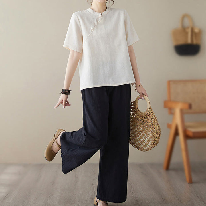 Koszula z krótkim rękawem z bawełny i lnu w jednolitym kolorze z żabą i Buddha Stones - image 6