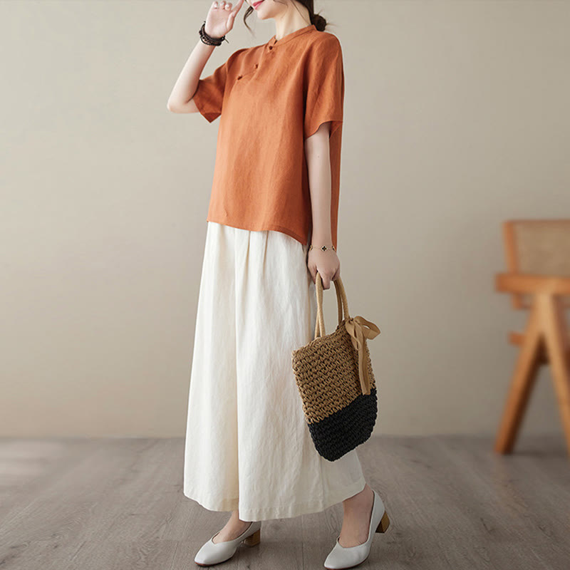 Koszula z krótkim rękawem z bawełny i lnu w jednolitym kolorze z żabą i Buddha Stones - image 10