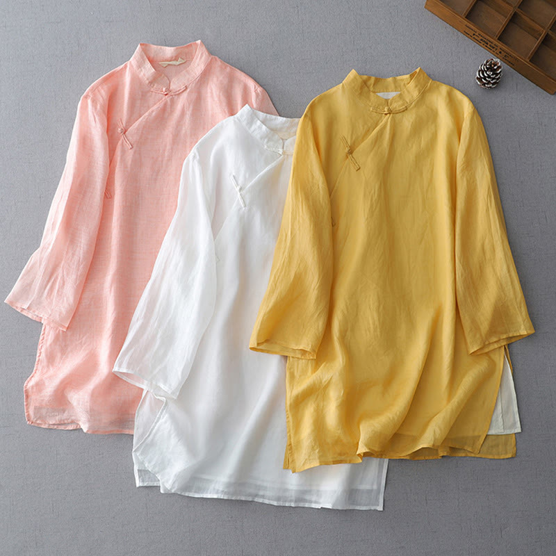 Koszula z bawełny i lnu w jednolitym kolorze z Buddha Stones - image 1