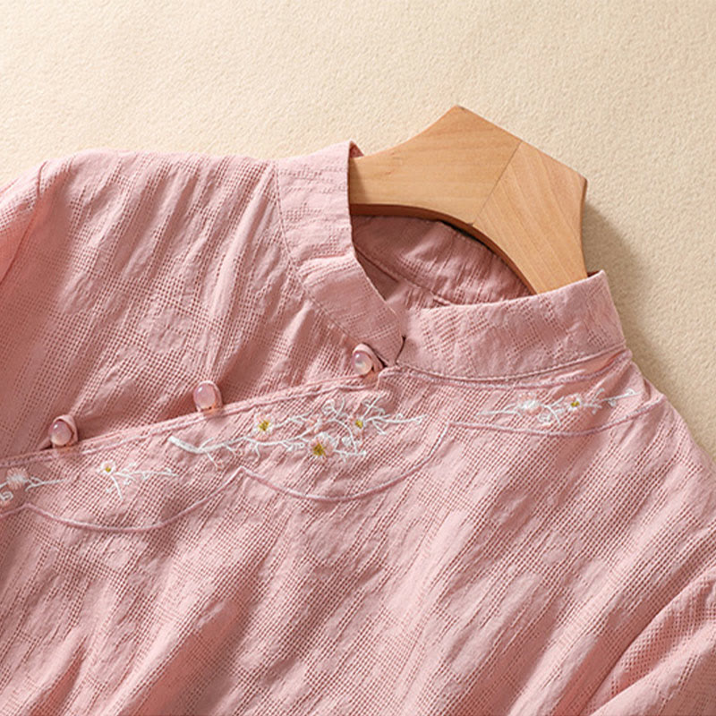 Koszula z krótkim rękawem z bawełny i lnu z haftem żaba-guzik w kwiaty Buddha Stones - image 2