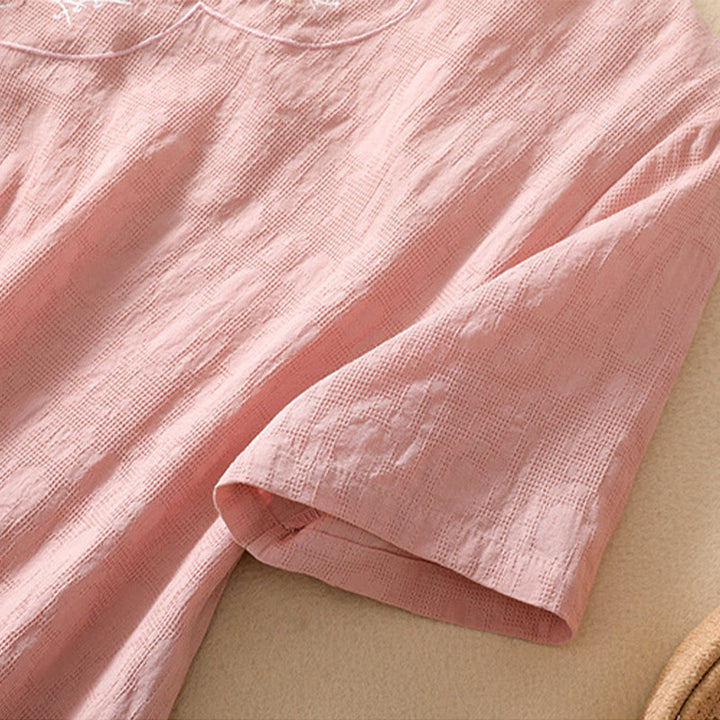 Koszula z krótkim rękawem z bawełny i lnu z haftem żaba-guzik w kwiaty Buddha Stones - image 8