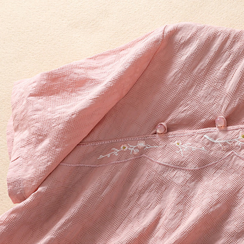 Koszula z krótkim rękawem z bawełny i lnu z haftem żaba-guzik w kwiaty Buddha Stones - image 5