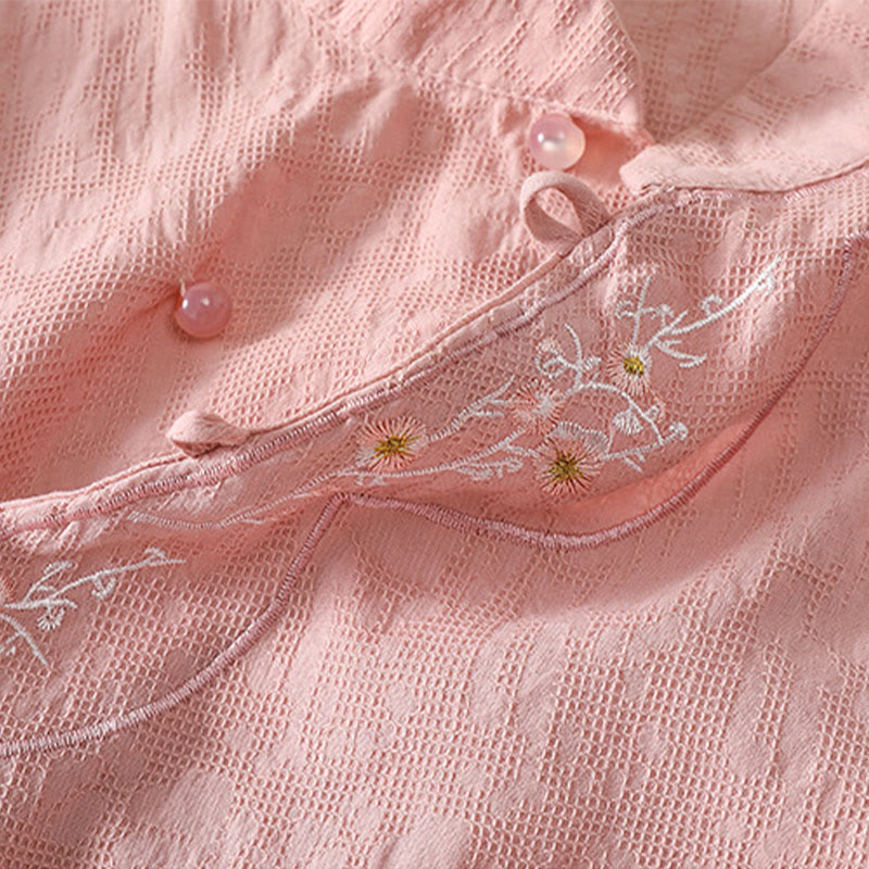 Koszula z krótkim rękawem z bawełny i lnu z haftem żaba-guzik w kwiaty Buddha Stones - image 7