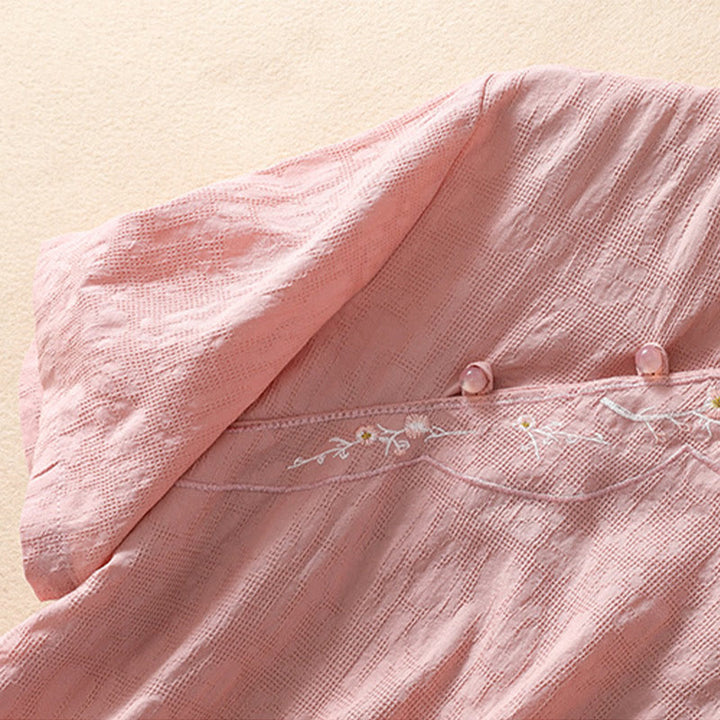 Koszula z krótkim rękawem z bawełny i lnu z haftem żaba-guzik w kwiaty Buddha Stones - image 5