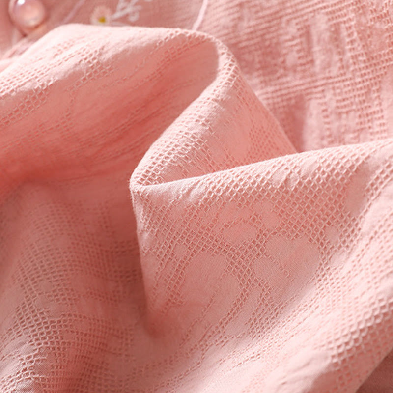 Koszula z krótkim rękawem z bawełny i lnu z haftem żaba-guzik w kwiaty Buddha Stones - image 11