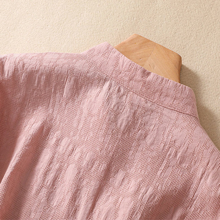 Koszula z krótkim rękawem z bawełny i lnu z haftem żaba-guzik w kwiaty Buddha Stones - image 4