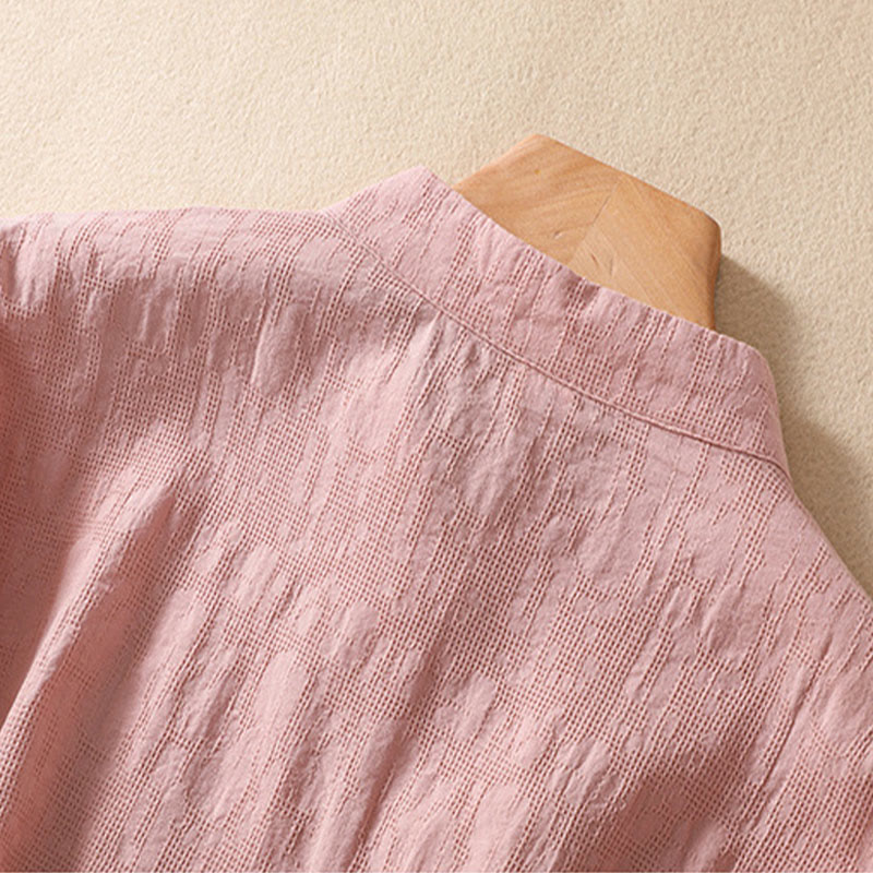 Koszula z krótkim rękawem z bawełny i lnu z haftem żaba-guzik w kwiaty Buddha Stones - image 4