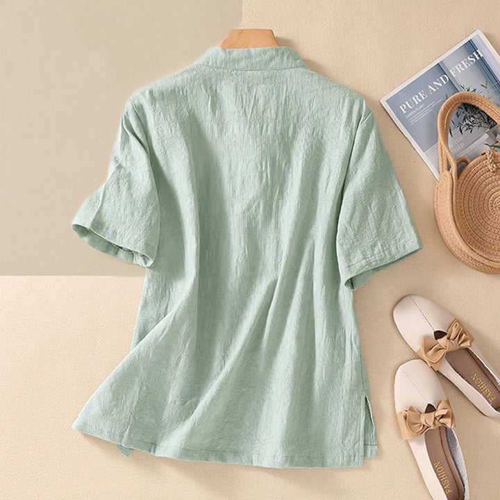 Koszula z krótkim rękawem z bawełny i lnu z haftem żaba-guzik w kwiaty Buddha Stones - image 13