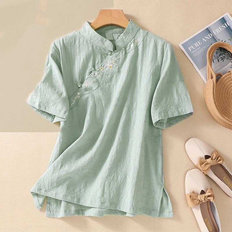 Koszula z krótkim rękawem z bawełny i lnu z haftem żaba-guzik w kwiaty Buddha Stones - Miodowa spadź - 2XL(pasuje do US8-10; UK/AU12-14; EU40-42) - image 12