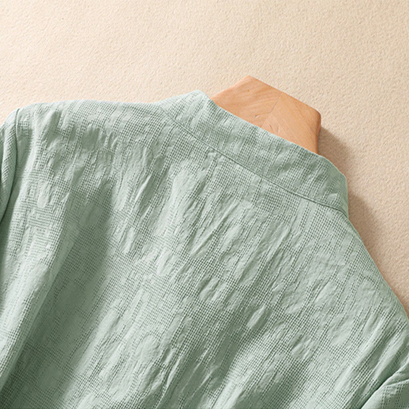 Koszula z krótkim rękawem z bawełny i lnu z haftem żaba-guzik w kwiaty Buddha Stones - image 15