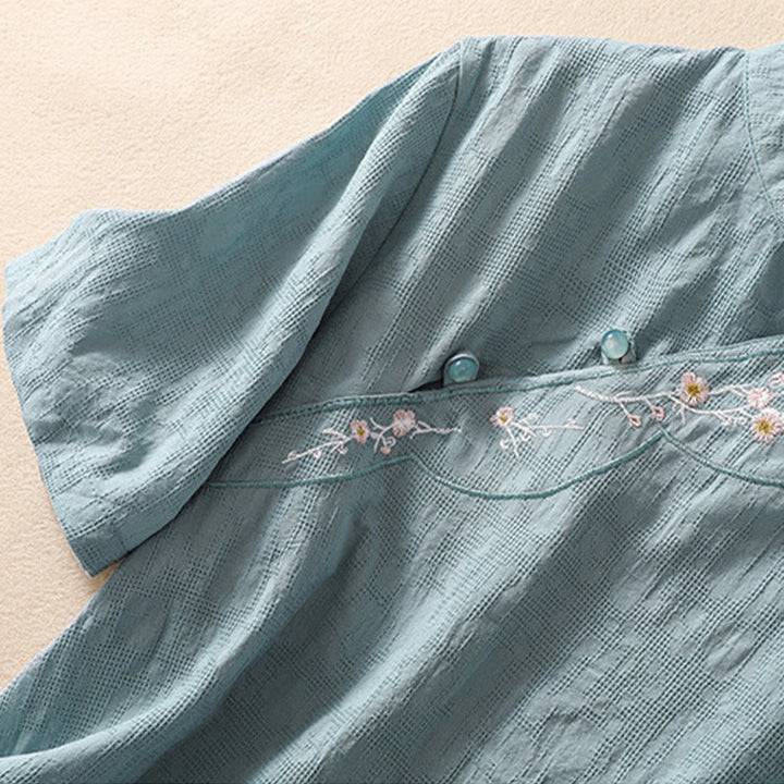 Koszula z krótkim rękawem z bawełny i lnu z haftem żaba-guzik w kwiaty Buddha Stones - image 22