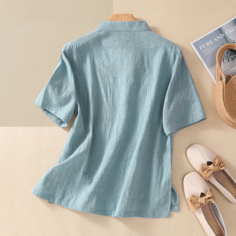 Koszula z krótkim rękawem z bawełny i lnu z haftem żaba-guzik w kwiaty Buddha Stones - image 19