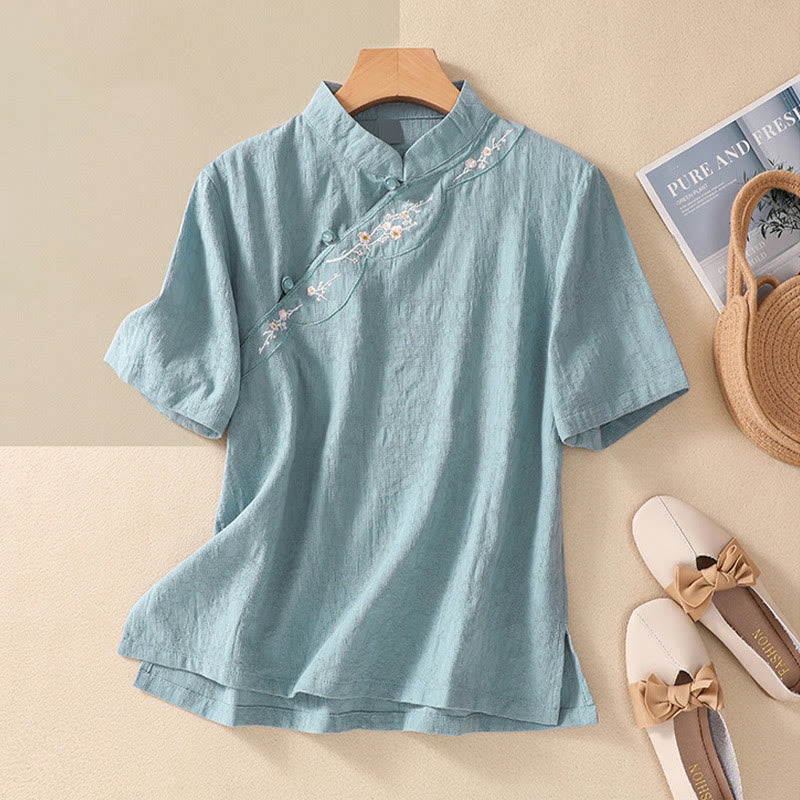 Koszula z krótkim rękawem z bawełny i lnu z haftem żaba-guzik w kwiaty Buddha Stones - Turkus - 2XL(pasuje do US8-10; UK/AU12-14; EU40-42) - image 18