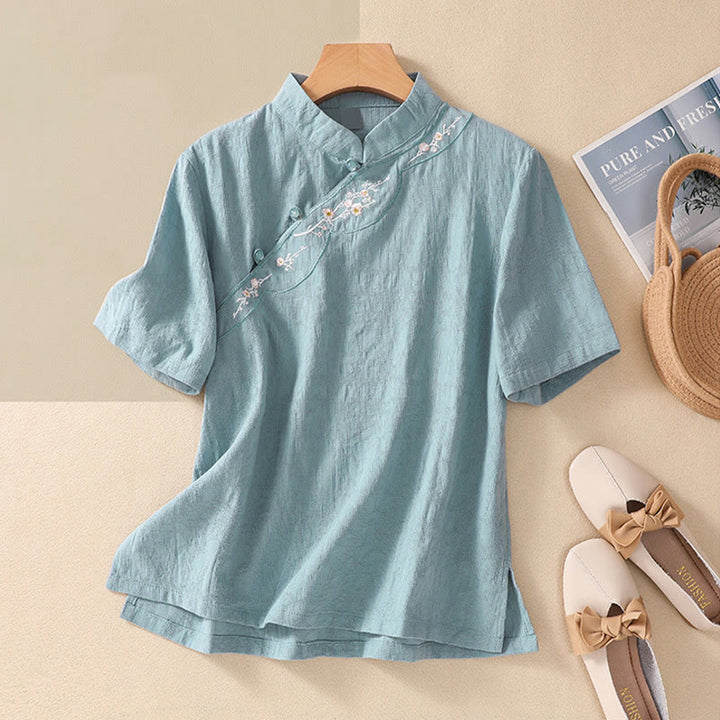 Koszula z krótkim rękawem z bawełny i lnu z haftem żaba-guzik w kwiaty Buddha Stones - Turkus - 2XL(pasuje do US8-10; UK/AU12-14; EU40-42) - image 18