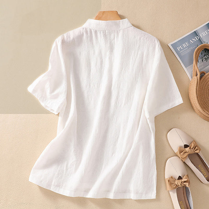 Koszula z krótkim rękawem z bawełny i lnu z haftem żaba-guzik w kwiaty Buddha Stones - image 25