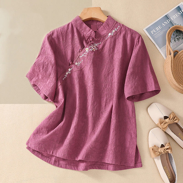 Koszula z krótkim rękawem z bawełny i lnu z haftem żaba-guzik w kwiaty Buddha Stones - Bladofioletowoczerwony - 2XL(pasuje do US8-10; UK/AU12-14; EU40-42) - image 33