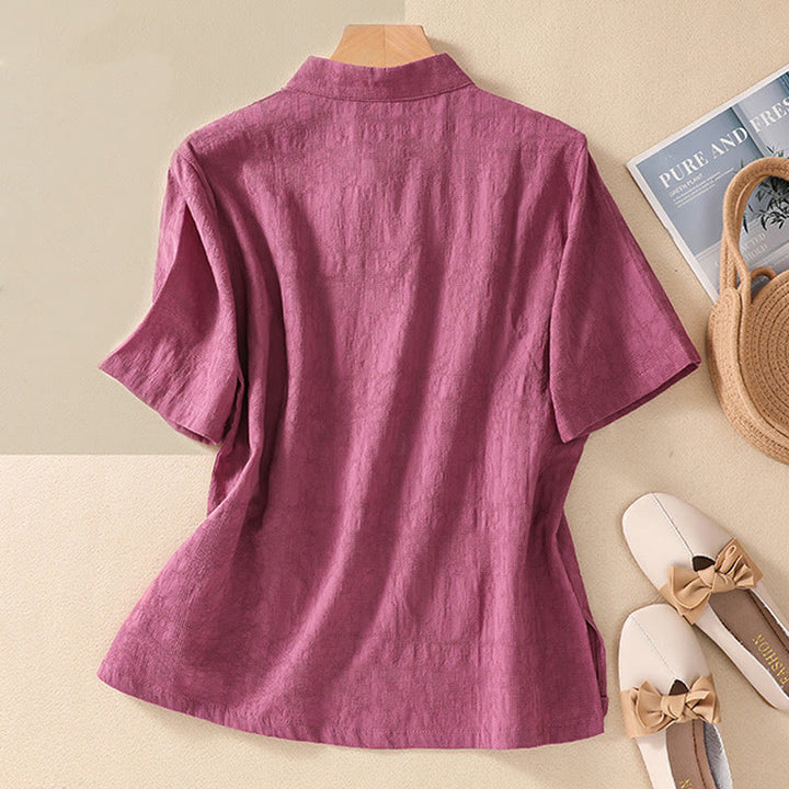 Koszula z krótkim rękawem z bawełny i lnu z haftem żaba-guzik w kwiaty Buddha Stones - image 34