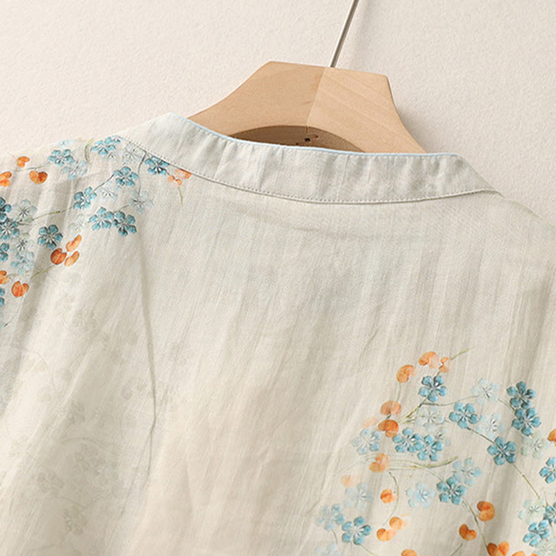 Buddha Stones Niebieskie Kwiaty Pomarańczowe Liście Żabka-Guzik Trzy Czwarte Rękawy Bawełniana Lniana Koszula - image 4