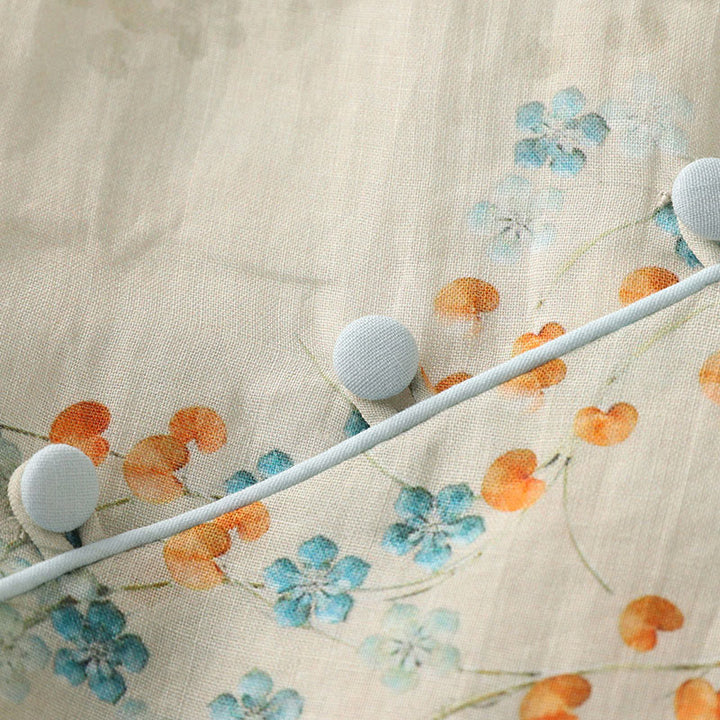 Buddha Stones Niebieskie Kwiaty Pomarańczowe Liście Żabka-Guzik Trzy Czwarte Rękawy Bawełniana Lniana Koszula - image 7