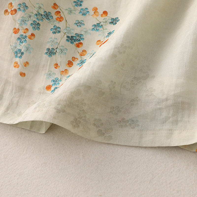 Buddha Stones Niebieskie Kwiaty Pomarańczowe Liście Żabka-Guzik Trzy Czwarte Rękawy Bawełniana Lniana Koszula - image 9