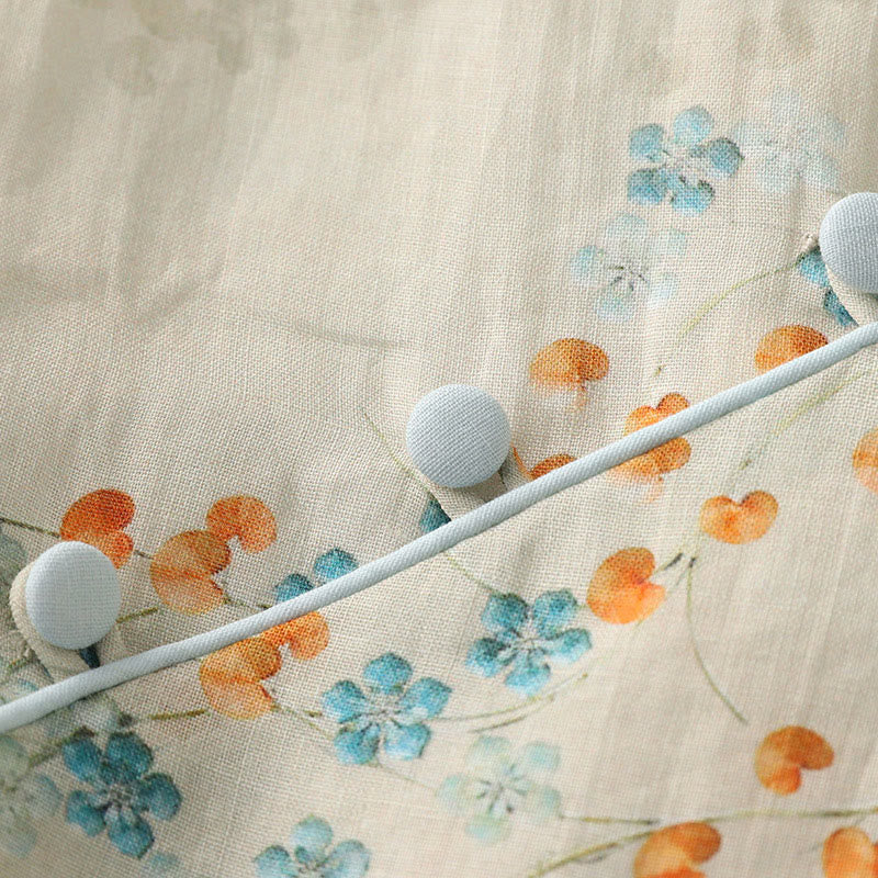 Buddha Stones Niebieskie Kwiaty Pomarańczowe Liście Żabka-Guzik Trzy Czwarte Rękawy Bawełniana Lniana Koszula - image 8