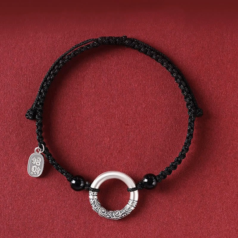 Bransoletka z Buddha Stones 925 Srebro Sterling Czarny Onyks Klamra Pokoju Fu Charakter - Zawieszka Peace Buckle&Agate Attract Fortune (obwód nadgarstka 14-26 cm) - image 0