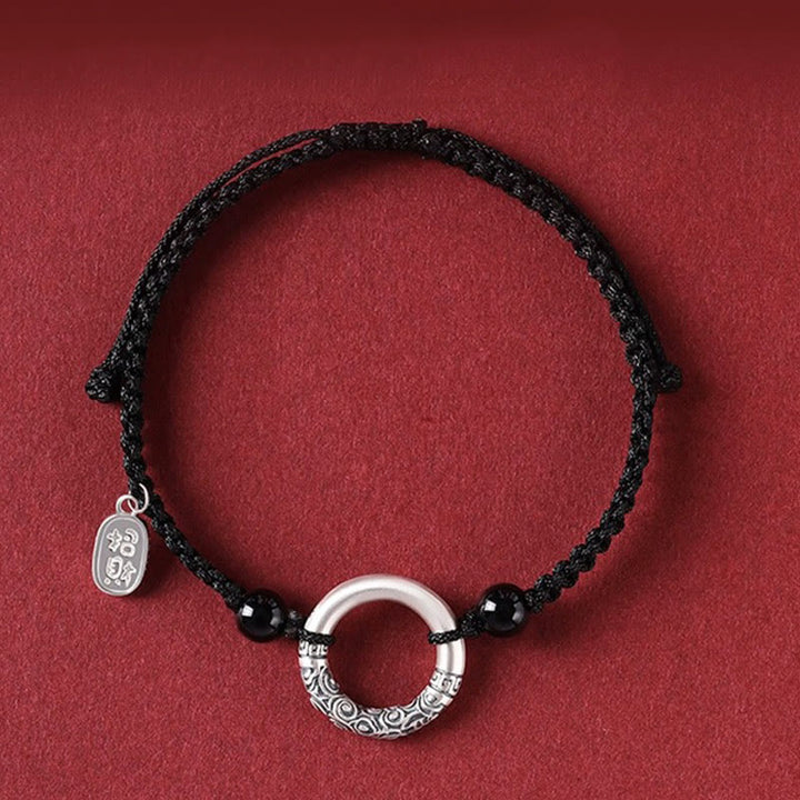 Bransoletka z Buddha Stones 925 Srebro Sterling Czarny Onyks Klamra Pokoju Fu Charakter - Zawieszka Peace Buckle&Agate Attract Fortune (obwód nadgarstka 14-26 cm) - image 0