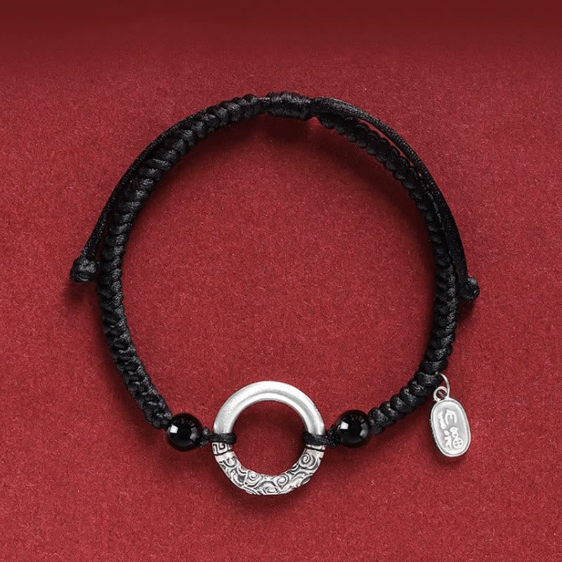 Bransoletka z Buddha Stones 925 Srebro Sterling Czarny Onyks Klamra Pokoju Fu Charakter
