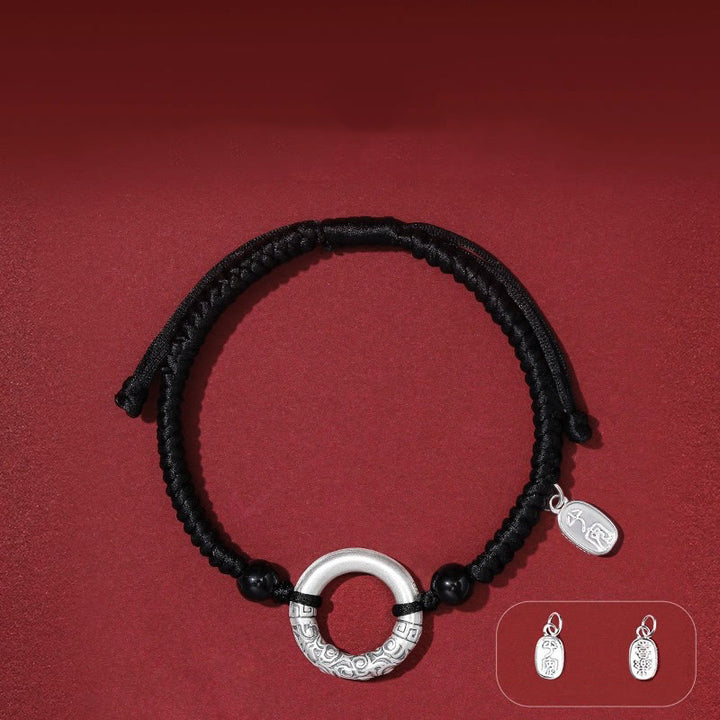Bransoletka z Buddha Stones 925 Srebro Sterling Czarny Onyks Klamra Pokoju Fu Charakter